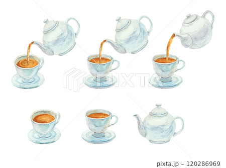 水彩絵の具で描いたティーポットで注ぐ紅茶のイラスト素材 [120286969