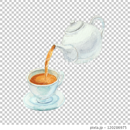 Tea poured from a teapot painted with watercolors Tea poured from a teapot painted with watercolors 120286975