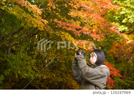紅葉を撮る女性 120287069
