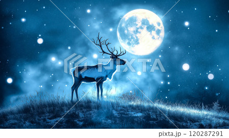 A reindeer stands on a grassy hill under the full moon. The concept of Christmas, nature, serenity, and wildlife under a mystical night sky. Generative AI. A reindeer stands on a grassy hill under the full moon. The concept of Christmas, nature, serenity, and wildlife under a mystical night sky. Generative AI. 120287291