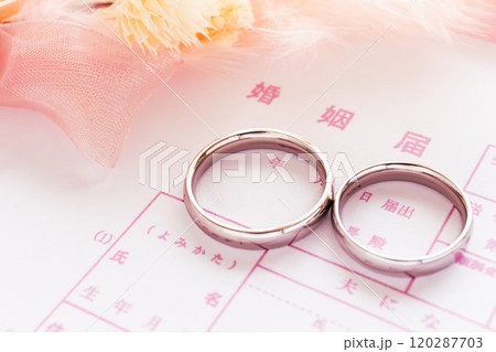結婚指輪と婚姻届 120287703