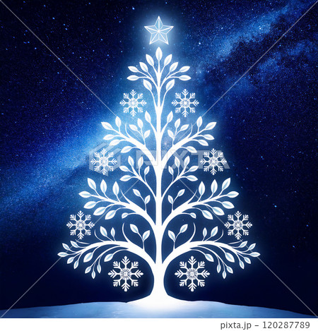 雪の結晶をモチーフにしたクリスマスツリーのイラスト　冬のイメージ　幻想的な星空の背景 120287789
