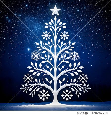 雪の結晶をモチーフにしたクリスマスツリーのイラスト　冬のイメージ　幻想的な星空の背景 120287790