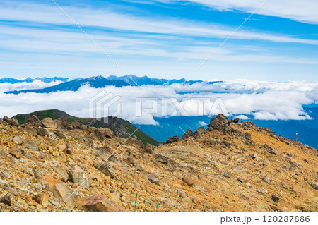 秋の御嶽山登山（剣ヶ峰～二ノ池：北アルプス方面の眺め） 120287886