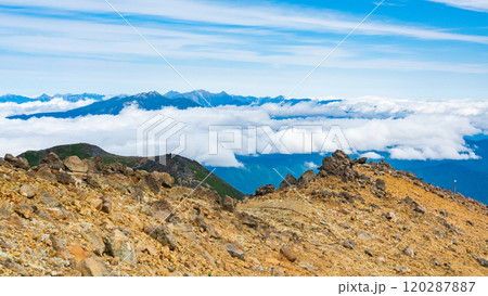 秋の御嶽山登山（剣ヶ峰～二ノ池：北アルプス方面の眺め） 120287887
