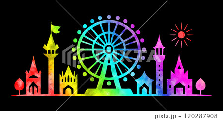 観覧車とメルヘンな城のある遊園地の虹色グラデーションのシルエットイラスト　黒背景の切り抜き 120287908