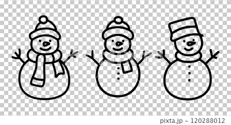 Hand-drawn line drawing of three cute snowmen, cut out on transparent background Hand-drawn line drawing of three cute snowmen, cut out on transparent background 120288012