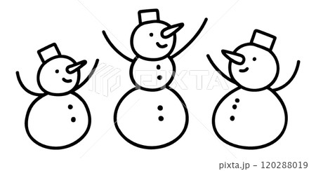 かわいい雪だるま3体の手描き線画イラスト　透過背景の切り抜き 120288019