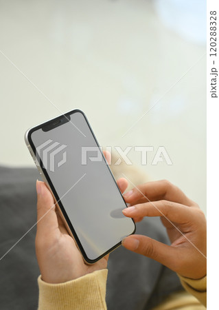 Woman hands holding smartphone with white empty screen sitting on sofa Woman hands holding smartphone with white empty screen sitting on sofa 120288328