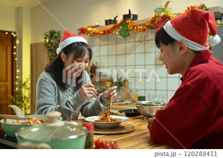 Loving young couple in Santa hats enjoying Christmas dinner together in cozy kitchen 120288411