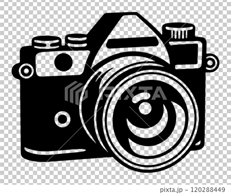 Silhouette illustration of a digital SLR camera, cut out on a transparent background 120288449