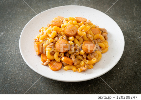 macaroni sausage and minced pork macaroni sausage and minced pork 120289247