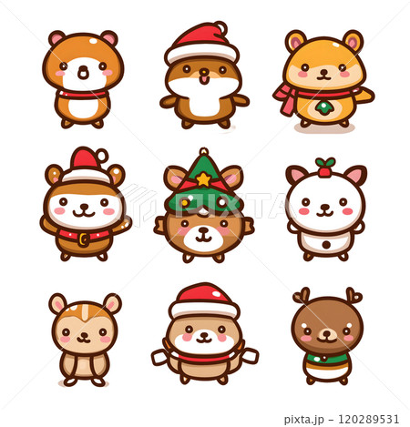Cute Christmas Animal Characters in Santa and Holiday Costumes - Cartoon Icons Set 120289531