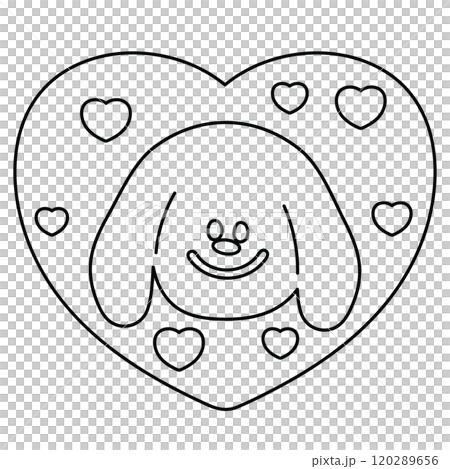 Cute outline of puppy and heart for dog cartoon, character, comic, mascot, pet shop, vet, adopt pet, rescue animals, foster home, shelter, sticker, kid colouring book, art, painting, Valentine card 120289656