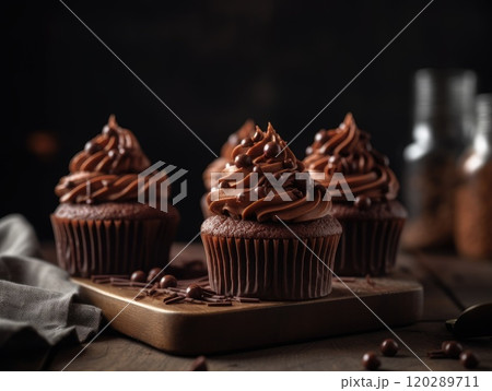 chocolate cupcake on dark wooden background. Generative AI chocolate cupcake on dark wooden background. Generative AI 120289711