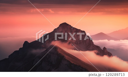 Beautiful top of mountain surrounded by clouds. Generative AI 120289713