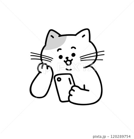 スマートフォンを見ている猫　モノクロ 120289754