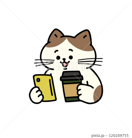 コーヒーを持ちながらスマートフォンを見ている猫 コーヒーを持ちながらスマートフォンを見ている猫 120289755