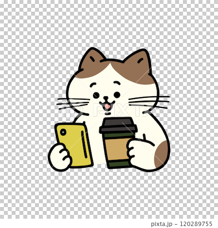 コーヒーを持ちながらスマートフォンを見ている猫 コーヒーを持ちながらスマートフォンを見ている猫 120289755