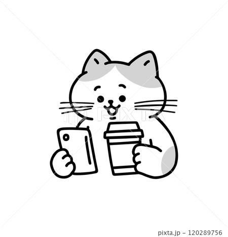 コーヒーを持ちながらスマートフォンを見ている猫　モノクロ 120289756