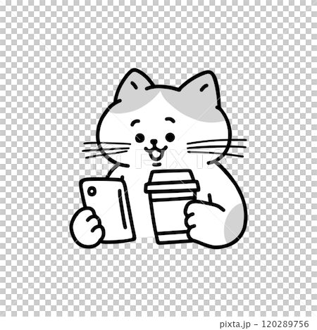 コーヒーを持ちながらスマートフォンを見ている猫　モノクロ 120289756