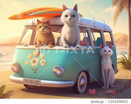 Adorable cat sittign on the car, ready for travel, summer concept. Generative AI Adorable cat sittign on the car, ready for travel, summer concept. Generative AI 120289803