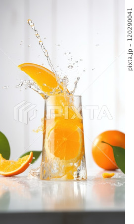 Glass of homemade orange juice on the table. Generative AI Glass of homemade orange juice on the table. Generative AI 120290041