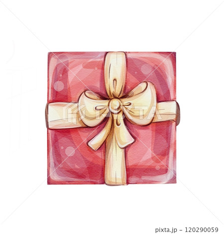 Watercolor gift with gold bow, red box for celebration. Template, elements for greeting cards, invitation, poster, celebration, banner, print, party 120290059
