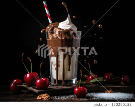 Chocolate milkshake with whipped cream and cherry. Generative AI Chocolate milkshake with whipped cream and cherry. Generative AI 120290182