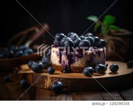 Delicious homemade cheesecake with blueberries. Generative AI 120290185