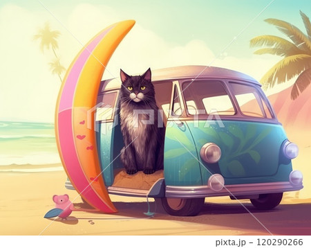 Adorable cat sittign on the car, ready for travel, summer concept. Generative AI 120290266