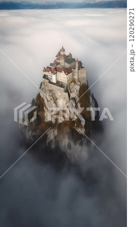 Beautiful Fairytale castle on mountain surrounded by cloud. Generative AI 120290271