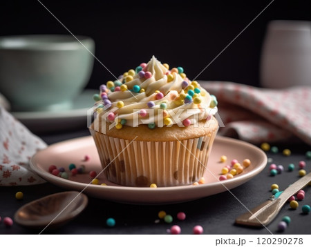 Festive Cupcake Frosting Top with Sprinkles. Generative AI Festive Cupcake Frosting Top with Sprinkles. Generative AI 120290278