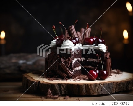 Black forest cake, dark chocolate and cherry dessert. Generative AI 120290297