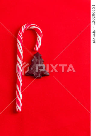 Christmas card concept, lollipop and chocolate tree on red background 120290551