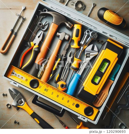 木の板の上に置かれた工具 120290693