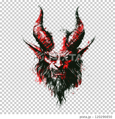 Intense demonic satan face with red horns, sharp fangs, and fierce expression; gritty, dark art style with splattered textures for a haunting, sinister effect. 120290850