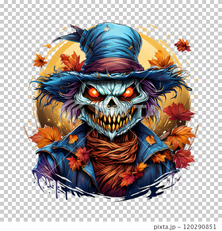 A menacing scarecrow with glowing orange eyes, a sinister grin, and tattered blue hat, surrounded by autumn leaves. Perfect for Halloween or horror themes. A menacing scarecrow with glowing orange eyes, a sinister grin, and tattered blue hat, surrounded by autumn leaves. Perfect for Halloween or horror themes. 120290851