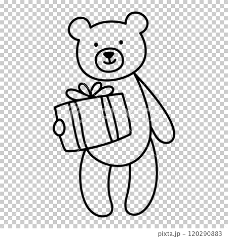 プレゼントボックスを持っているテディベアの手描き線画イラスト 透過背景の切り抜き プレゼントボックスを持っているテディベアの手描き線画イラスト 透過背景の切り抜き 120290883