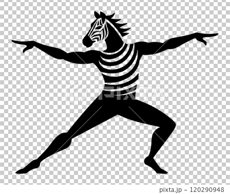 コミカルなダンスのポーズのシマウマのシルエットイラスト　透過背景の切り抜き 120290948