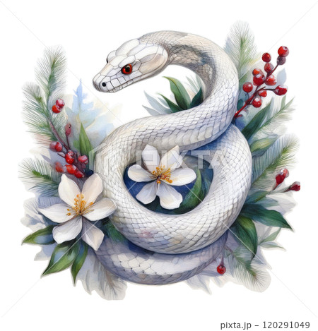 白蛇と新年の花の水彩イラスト5／チラシやポスター用素材のイラスト