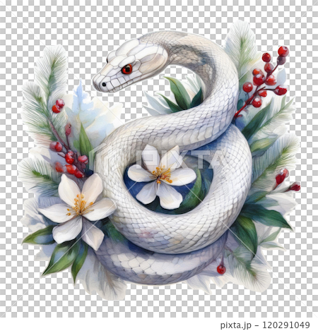 白蛇と新年の花の水彩イラスト5／チラシやポスター用素材のイラスト