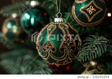 Elegant green Christmas ornament, decorated with golden patterns, hanging on tree branch, holiday decoration concept 120291054