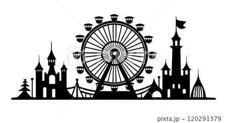 観覧車とメルヘンな城のある遊園地のシルエットイラスト 透過背景の