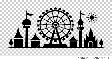 観覧車とメルヘンな城のある遊園地のシルエットイラスト 透過背景の