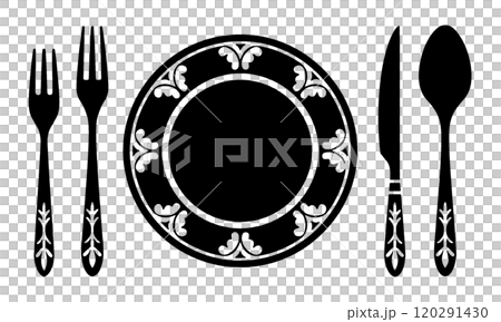 法國菜桌設置的剪影插圖,透明背景上配有時尚的圖案盤子和餐具 法國菜桌設置的剪影插圖,透明背景上配有時尚的圖案盤子和餐具 120291430