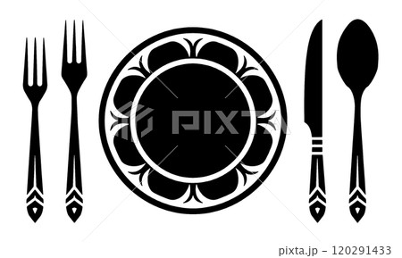 おしゃれな模様の皿とカトラリーのフレンチコースのテーブルセッティングのシルエットイラスト　透過背景の 120291433