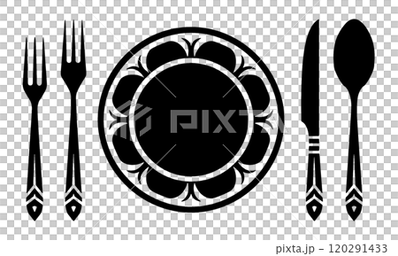 おしゃれな模様の皿とカトラリーのフレンチコースのテーブルセッティングのシルエットイラスト　透過背景の 120291433