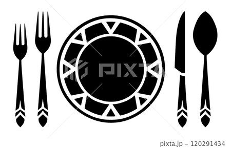 おしゃれな模様の皿とカトラリーのフレンチコースのテーブルセッティングのシルエットイラスト　透過背景の 120291434