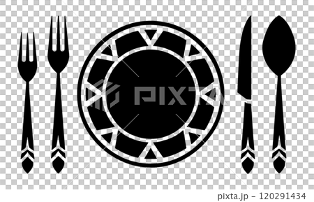 おしゃれな模様の皿とカトラリーのフレンチコースのテーブルセッティングのシルエットイラスト　透過背景の 120291434